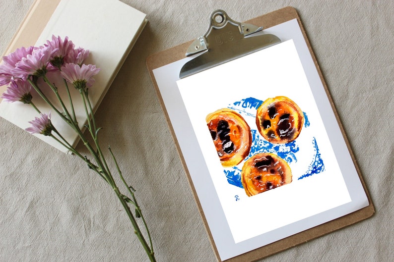 Portuguese food print, Lisbon cake watercolor painting, Pastel de Nata art, kitchen wall art image 1