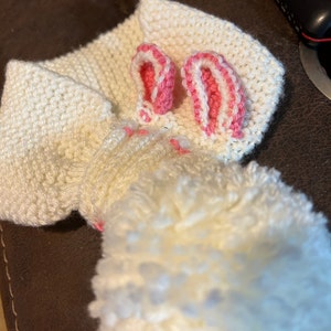 May include: A white crocheted bunny with pink ears and a fluffy tail.