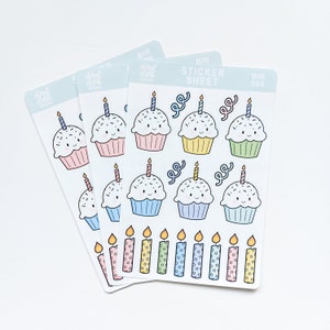 Autocollants d'anniversaire / Autocollants petits gâteaux et bougies / Autocollants en papier / Autocollants détachables / Feuille d'autocollants / Célébrer / Autocollants de fête