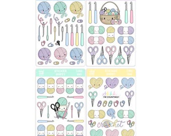 May include: Four sticker sheets featuring crochet-themed illustrations. Each sheet has a pastel color scheme and includes images of yarn balls, crochet hooks, scissors, and other crafting tools. Text includes "STICKER SHEET" and "I'M COUNTING!!".