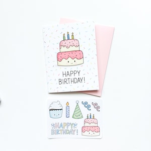 Carte d'anniversaire et mini feuille d'autocollants / Carte de gâteau d'anniversaire / Carte de joyeux anniversaire / Carte vierge / Anniversaire d'enfants / Carte de correspondance