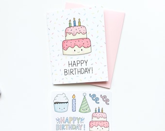Birthday Card & Mini Sticker Sheet / Birthday Cake Card / Happy Birthday Card / Blank Card / Kids Birthday / Notecard