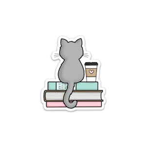 Autocollant chats livres et café / Autocollant amateur de livres / Autocollant de lecture / Autocollant découpé / Autocollant résistant aux intempéries / Imperméable / Amoureux des chats