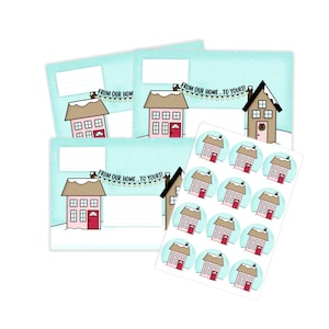 May include: A set of printable Christmas cards featuring a cute house illustration with the text "From our home... to yours!"  The set includes three cards and twelve stickers.