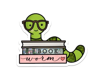 Glitter Bookworm Sticker / Book Lover Sticker / Reading Sticker / Die Cut Sticker / Weatherproof Sticker / Waterproof