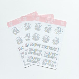 Autocollants d'anniversaire / Autocollants de texte d'anniversaire / Joyeux anniversaire / Décollez les autocollants / Feuille d'autocollants / Célébrez / Autocollants de fête / C'est votre journée