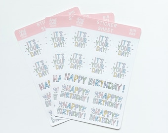 Birthday Stickers / Birthday Text Stickers / Happy Birthday / Peel off Stickers / Sticker Sheet / Celebrate / Party Stickers / It's Your Day