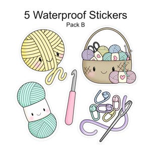 May include: Five waterproof stickers with a crafting theme. The stickers depict yarn balls, a basket of yarn, a crochet hook, stitch markers, and a yarn needle. The text "5 Waterproof Stickers Pack B" is included. The stickers are in pastel colours.