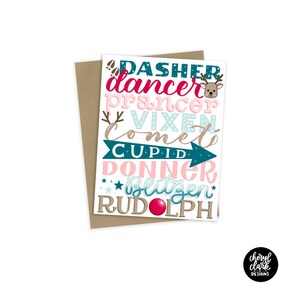 Christmas Card / Reindeer Card / Holiday Card / List of Reindeer Names / Reindeer Typography / Hand Lettered / Rudolph