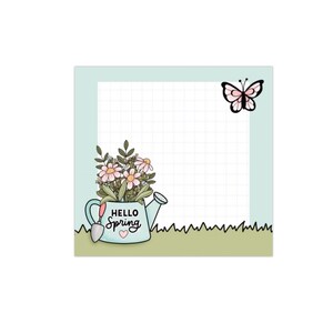 May include: A light blue watering can with a pink heart and the text "Hello Spring" is filled with pink flowers. A butterfly with black wings and pink accents is in the top right corner of the image. The watering can is on a green grass background.