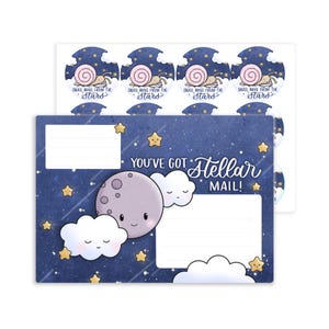 May include: A set of stationery featuring a celestial theme. The design includes a navy blue background with stars, a smiling moon, and clouds. The text "YOU'VE GOT Stellar MAIL!" is displayed. Round stickers with a snail and the text "SNAIL MAIL FROM THE Stars" are also included.