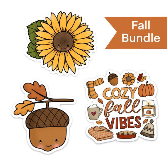 Fall Sticker Bundle / Cozy Fall Vibes Sticker / Sunflower Sticker / Die Cut Sticker / Weatherproof Sticker / Waterproof / Acorn Sticker
