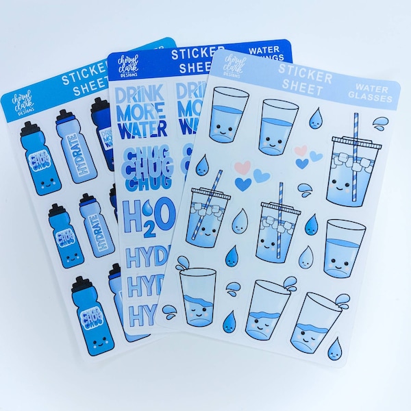 Water Sticker Bundle/ Water Stickers / Drink More Water / Sticker Sheets / Hand Drawn / Hand Lettered