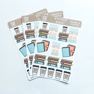 Stickers livres et café / Stickers pour agendas / Stickers café / Stickers papier / Stickers livres / Feuille d'autocollants / Stickers de lecture