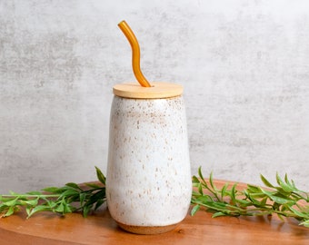 White Ceramic Cocktail Tumbler - Handmade Cup with Bamboo Lid and Glass Straw - Cute Pottery Gifts - Made to Order