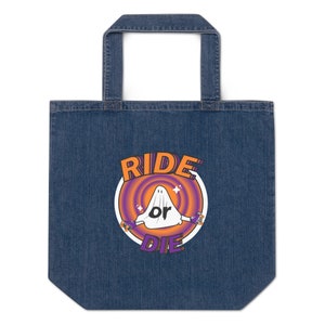 Ride or Die Roller Skating Ghost Organic denim tote bag