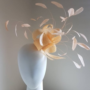 Peaches - Peach Sinamay Fascinator With Feathers. Ideal for Weddings, Royal Ascot, Church, Christening, Derby Hat, Kentucky Derby, Millinery