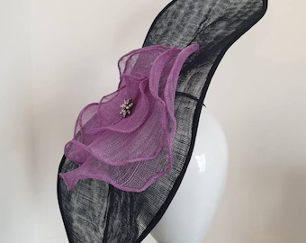 Marjorie - Large Black Sinamay Fascinator with  Purple flower - Ideal for weddings,  Kentucky Derby,  Royal Ascot, High Tea, Weddings