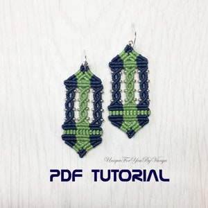 May include: A pair of green and blue macrame earrings with silver beads. The earrings are in the shape of a teardrop and have a geometric pattern. The earrings are hanging from silver hooks. The image includes the text "PDF TUTORIAL".