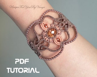 PDF macrame cuff bracelet pattern, Micro macrame tutorial, DIY bracelet, PDF cuff pattern, Beaded bracelet, Rose gold bracelet