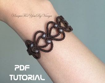 Macrame bracelet PDF pattern, Heart bangle DIY tutorial, Micro macrame jewelry, Dainty woven wristband, Lace beaded woven cuff