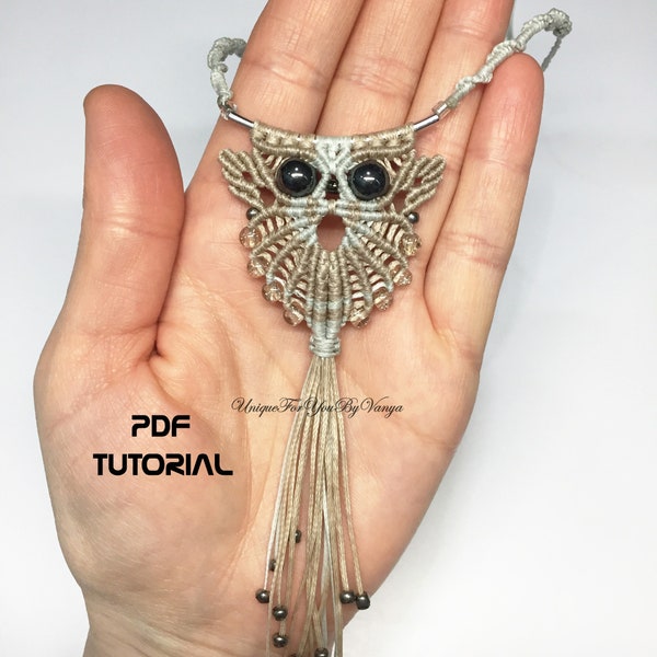 Macrame owl pendant pattern, Micro macrame necklace instructions, DIY macrame necklace, Owl jewelry