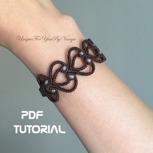 May include: A brown macrame bracelet with light gray beads. The bracelet is on a person's wrist. The text "Unique For You By Vanya" and "PDF TUTORIAL" are visible in the image.