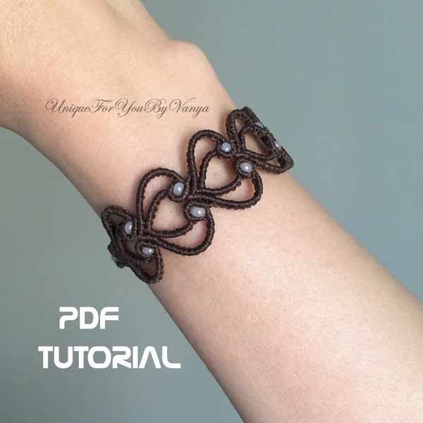 Macrame bracelet PDF pattern, Heart bangle DIY tutorial, Micro macrame jewelry, Dainty woven wristband, Lace beaded woven cuff