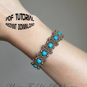 May include: A brown macrame bracelet with turquoise beads and gold accents. The bracelet is on a person's wrist. The text "PDF TUTORIAL INSTANT DOWNLOAD" is visible in the top left corner of the image.