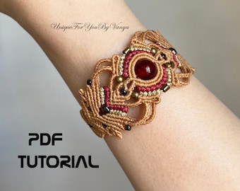 Oriental macrame bracelet PDF pattern in English, Macrame beaded cuff tutorial, Woven thread bangle