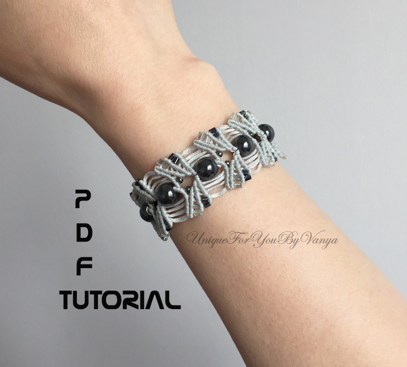 Macrame bracelet pattern, Hematite beaded bracelet, DIY macrame wristband image 1