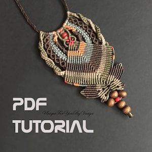 May include: A brown cord necklace with a multi-coloured macrame pendant and wooden beads. The pendant features a geometric design with brown, green, orange, and red colours. The text "PDF TUTORIAL" and "Unique For You By Vanya" is visible below the pendant.