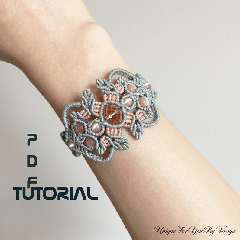 May include: A gray and pink macrame bracelet with a floral design and sunstone beads. The bracelet is on a person's wrist.  "PDF TUTORIAL" is written in gray text on the image.