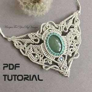 Micro Macrame Tutorial, Macrame necklace pattern, PDF micro macrame, Macrame Jewelry Making, DIY Aventurine cabochon collar, Cabochon choker