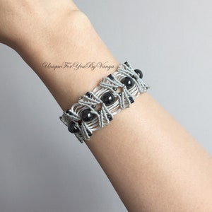 Macrame bracelet pattern, Hematite beaded bracelet, DIY macrame wristband image 2
