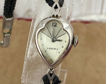 Vintage Art Deco stijl jaren 1940 Longines 10K witgoud gevulde zwarte zijden koordriem