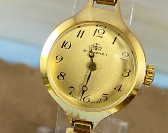 Vintage 1960's Bucherer Ladies Wrist Watch 18K Heavy Gold 10 Micron Plated, Round Shape, Roman Open Link 7 inch Bracelet