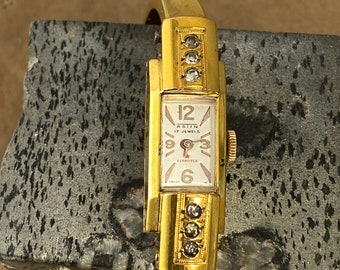 Vintage Astin Swiss Made 18K Vergoldete Manschettenuhr mit Kristallen