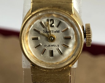 Vintage Sheffield Swiss Made 17 Jewel 10K Rolled Gold Filed Ladies Wrist Watch 6.5 inches Running