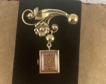 Vintage Extremely Rare Croton Broach Watch in 10K Rolled Gold with Pink Rose Vintage Croton Watch Broach WW2 Boy Friend Pin with Green  main image 4