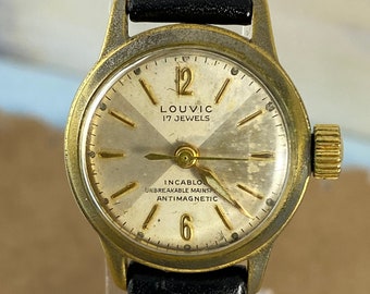Vintage Louvic Watch Swiss Made Runs Keeps Time New Speidel 8 inch Black Leather Strap 22MM Gold Tone Case