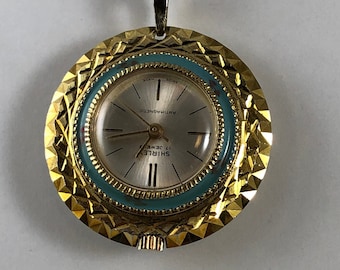 Rare Vintage Shriley 17 Jewel Swiss Made Pendant Watch Enameled Winter Scene with Pine Trees and Cabin