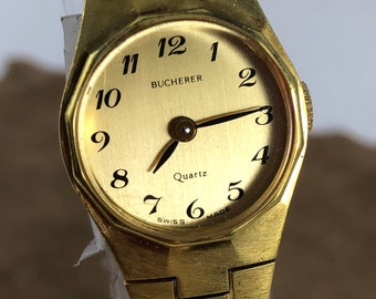 Vintage 1960&#39;s Bucherer Ladies Wrist Watch 18K Gold Plated, 12 Sides or a Dodecagon Bezel Round Face Wrist Watch with Safety Chain