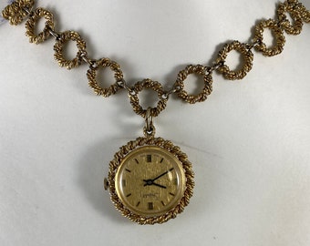 Vintage Sheffield Swiss Pendant Watch Gold Tone with Gold Pope Bezel and 26 inch Gold Rope Circle Link Necklace