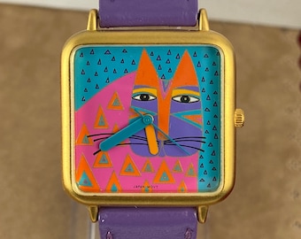 Rare Vintage Laurel Burch Wild Cat Watch Purple 9 inch Strap 1.25 inch Brushed Gold Case Rainbow Colors watch