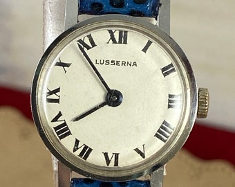 Rare Vintage EBEL Lusserna Swiss Watch: Roman Numerals, Blue Calfskin Strap
