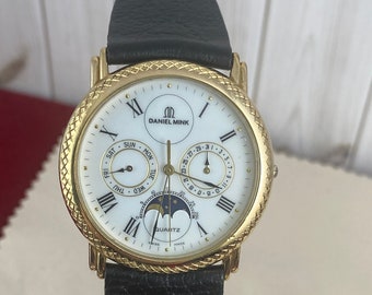 Vintage Daniel Mink Moon Phase Quartz Watch 3 Station Gold Plated and Stainless Steel Water Resistant to 50 meters MoonPhase Celestial