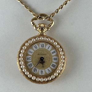 Vintage Bucherer 17 Jewel Swiss Pearl Pendant Watch Roman Numerals with 24 Inch 925 Silver Gold Vermeil Italian 2MM rope Necklace