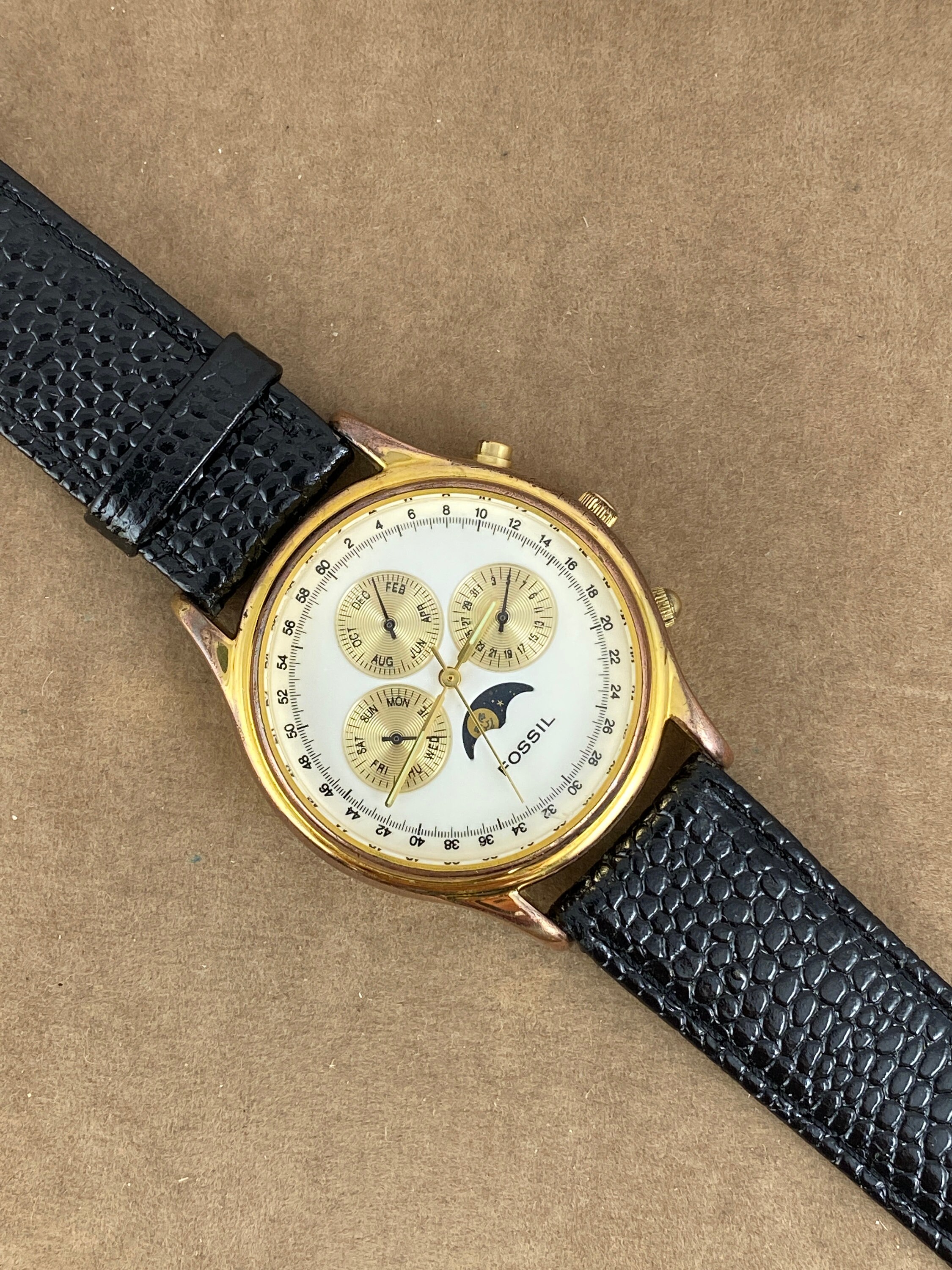 OROLOGIO DA POLSO CON CRONOGRAFO E CALENDARIO CON FASI LUNARI, BULOVA, IN ORO GIALLO 18 KT