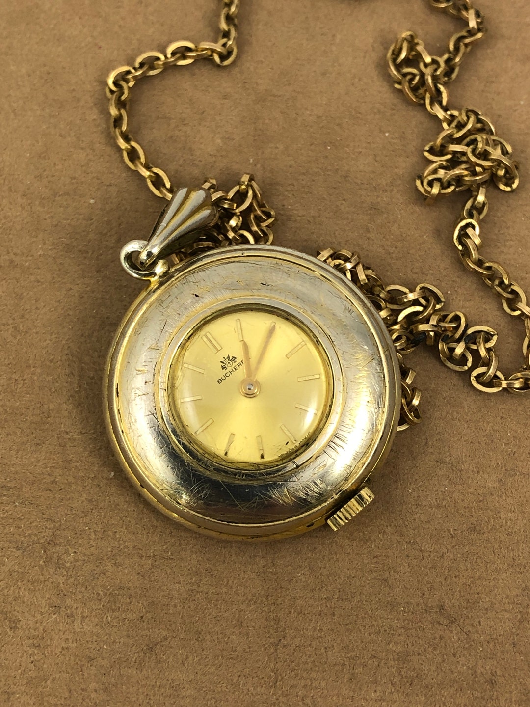 Montre-pendentif Mécanique Vintage Bucherer - Cadran Argent émail Sculpté, Pièce Exceptionnelle !